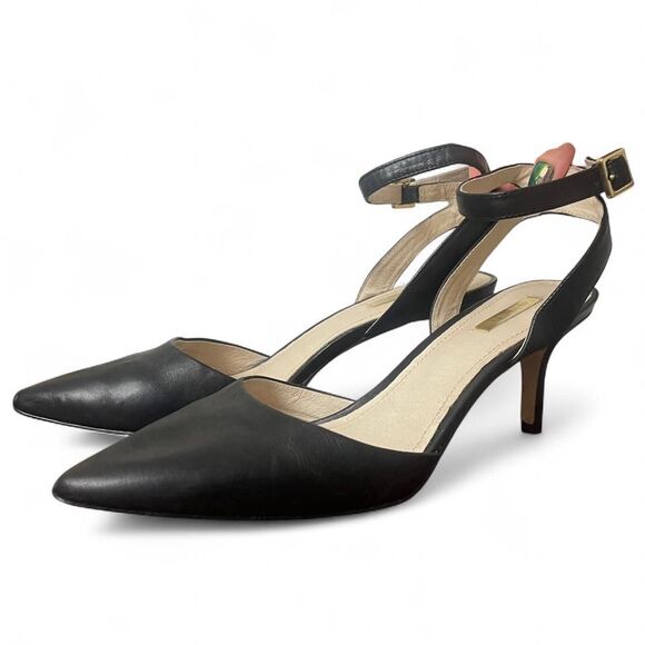 Louise et Cie Black Leather Kota Ankle Strap Pointed Toe Kitten Heel Pumps 11 - Picture 1 of 6